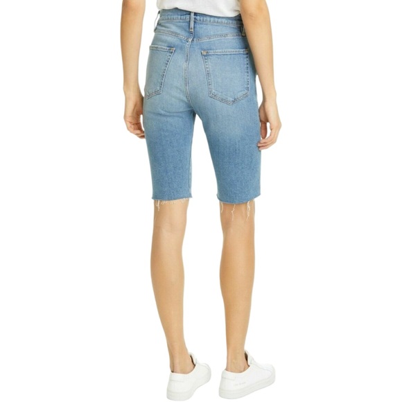 FRAME Le Vintage Bermuda Jean Short Raw Edge Miranda Sand Black Caviar - Picture 3 of 9